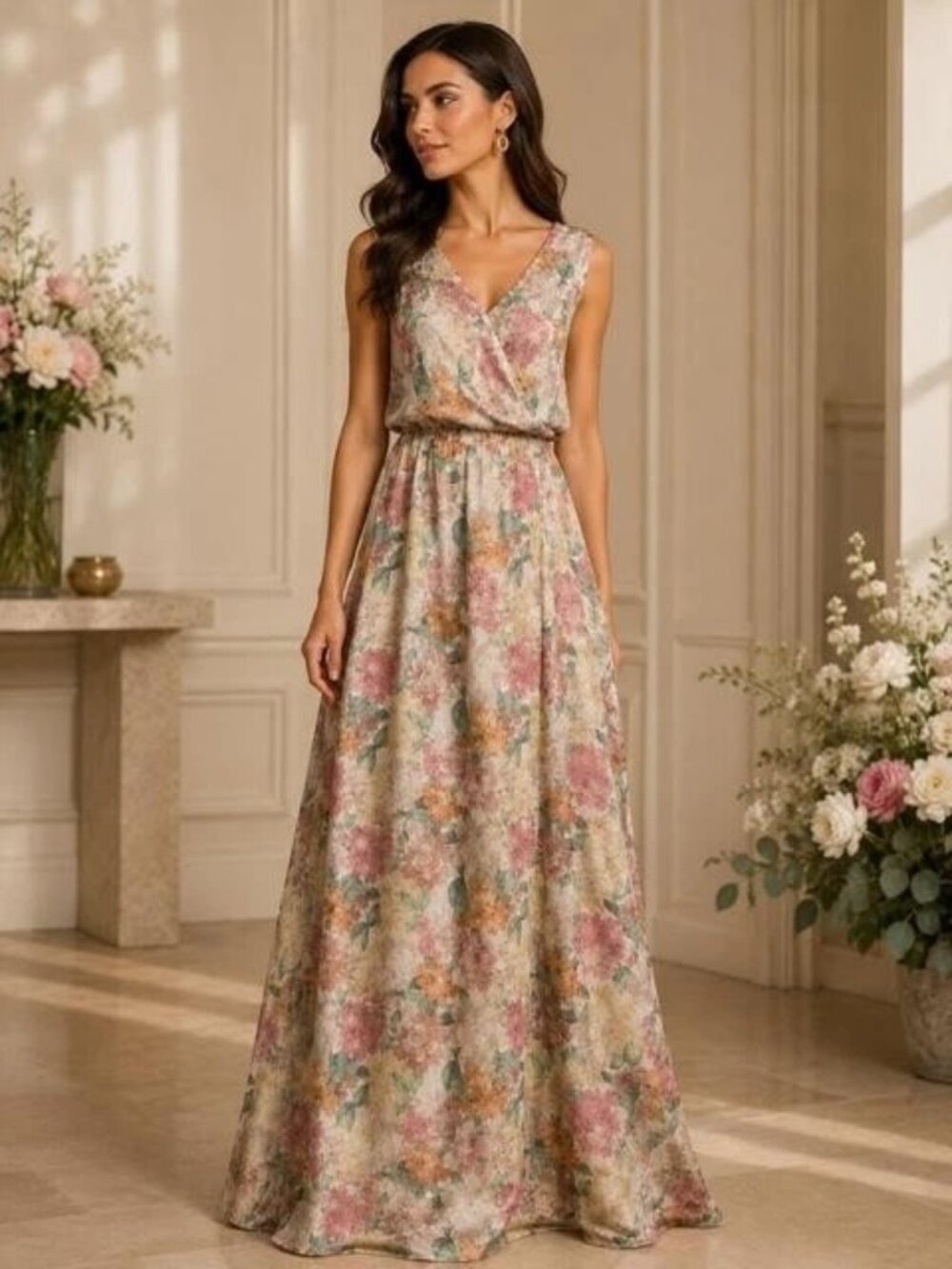Sachin & Babi Wild Beige Floral V-Neck Satin Gown